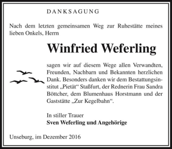 Traueranzeige von Winfried Weferling  von Magdeburger Volksstimme