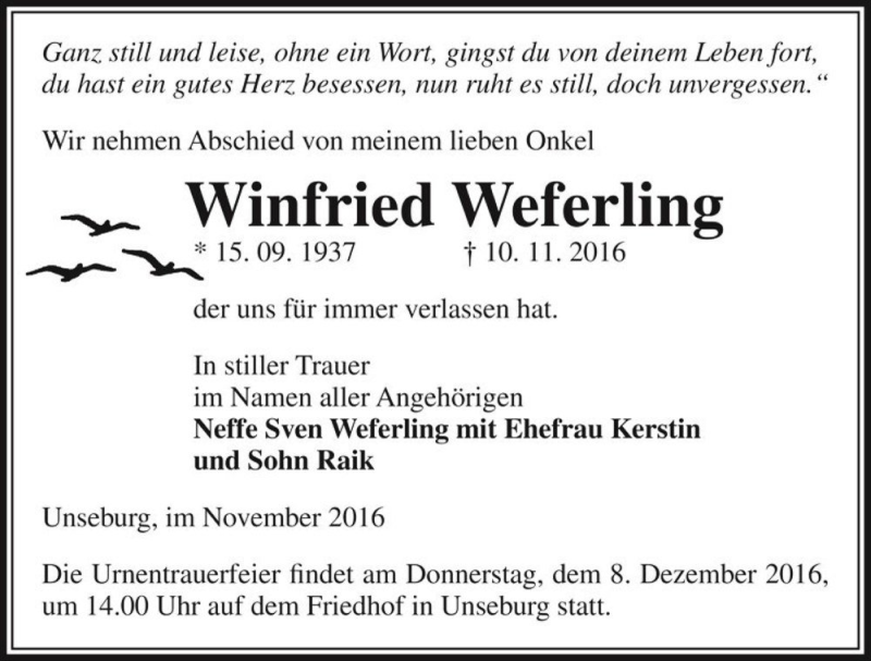  Traueranzeige für Winfried Weferling  vom 26.11.2016 aus Magdeburger Volksstimme