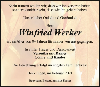 Traueranzeige von Winfried Werker  von Magdeburger Volksstimme
