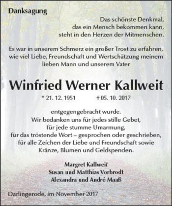 Traueranzeige von Winfried Werner Kallweit  von Magdeburger Volksstimme