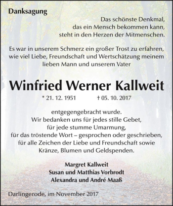 Traueranzeige von Winfried Werner Kallweit  von Magdeburger Volksstimme