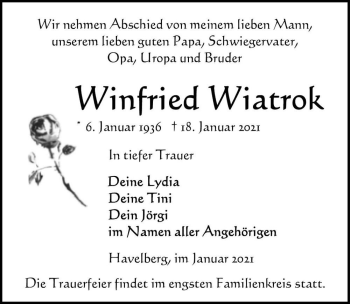 Traueranzeige von Winfried Wiatrok  von Magdeburger Volksstimme