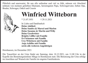 Traueranzeige von Winfried Witteborn  von Magdeburger Volksstimme