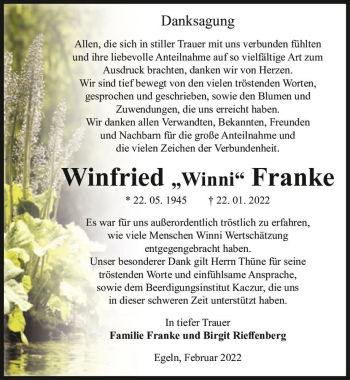 Traueranzeige von Winfried „Winni“ Franke  von Magdeburger Volksstimme