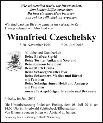 Traueranzeige von Winnfried Czeschelsky  von Magdeburger Volksstimme