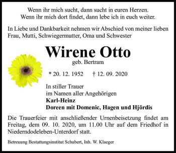 Traueranzeige von Wirene Otto (geb. Bertram)  von Magdeburger Volksstimme