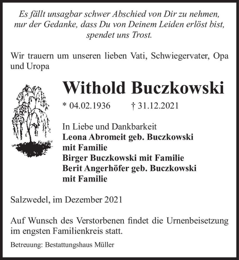  Traueranzeige für Withold Buczkowski  vom 04.01.2022 aus Magdeburger Volksstimme