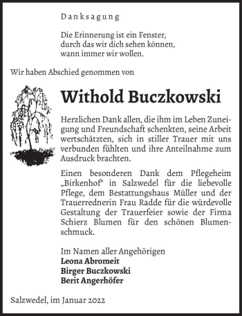 Traueranzeige von Withold Buczkowski  von Magdeburger Volksstimme