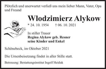 Traueranzeige von Wlodzimierz Alykow  von Magdeburger Volksstimme