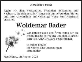 Traueranzeige von Woldemar Bader  von Magdeburger Volksstimme