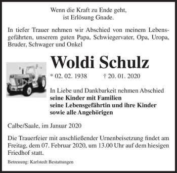 Traueranzeige von Woldi Schulz  von Magdeburger Volksstimme