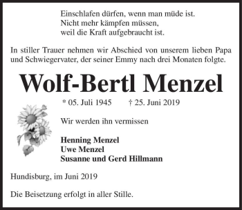 Traueranzeige von Wolf-Bertl Menzel  von Magdeburger Volksstimme