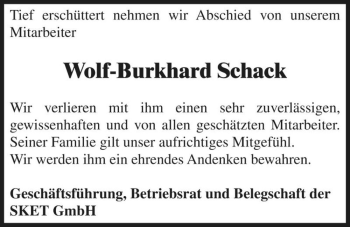 Traueranzeige von Wolf-Burkhard Schack  von Magdeburger Volksstimme