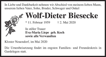 Traueranzeige von Wolf-Dieter Biesecke  von Magdeburger Volksstimme
