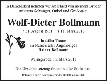 Traueranzeige von Wolf-Dieter Bolmann  von Magdeburger Volksstimme