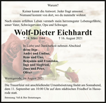 Traueranzeige von Wolf-Dieter Eichhardt  von Magdeburger Volksstimme