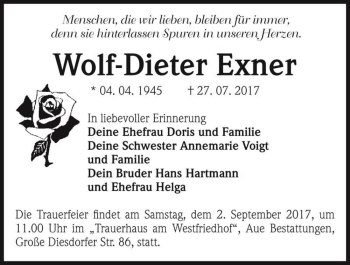 Traueranzeige von Wolf-Dieter Exner  von Magdeburger Volksstimme