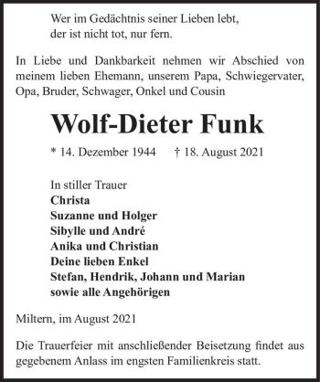 Traueranzeige von Wolf-Dieter Funk  von Magdeburger Volksstimme