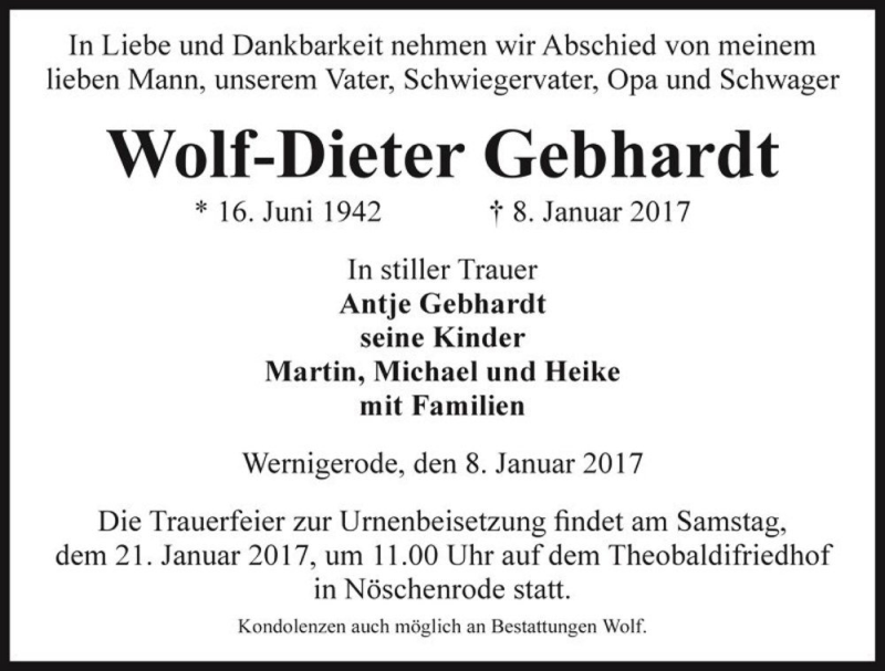  Traueranzeige für Wolf-Dieter Gebhardt  vom 12.01.2017 aus Magdeburger Volksstimme