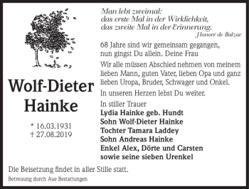 Traueranzeige von Wolf-Dieter Hainke  von Magdeburger Volksstimme