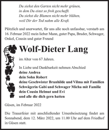 Traueranzeige von Wolf-Dieter Lang  von Magdeburger Volksstimme
