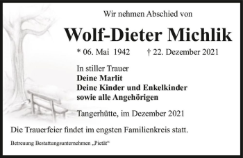 Traueranzeige von Wolf-Dieter Michlik  von Magdeburger Volksstimme