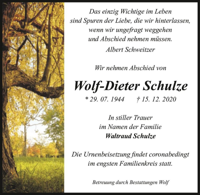  Traueranzeige für Wolf-Dieter Schulze  vom 02.01.2021 aus Magdeburger Volksstimme