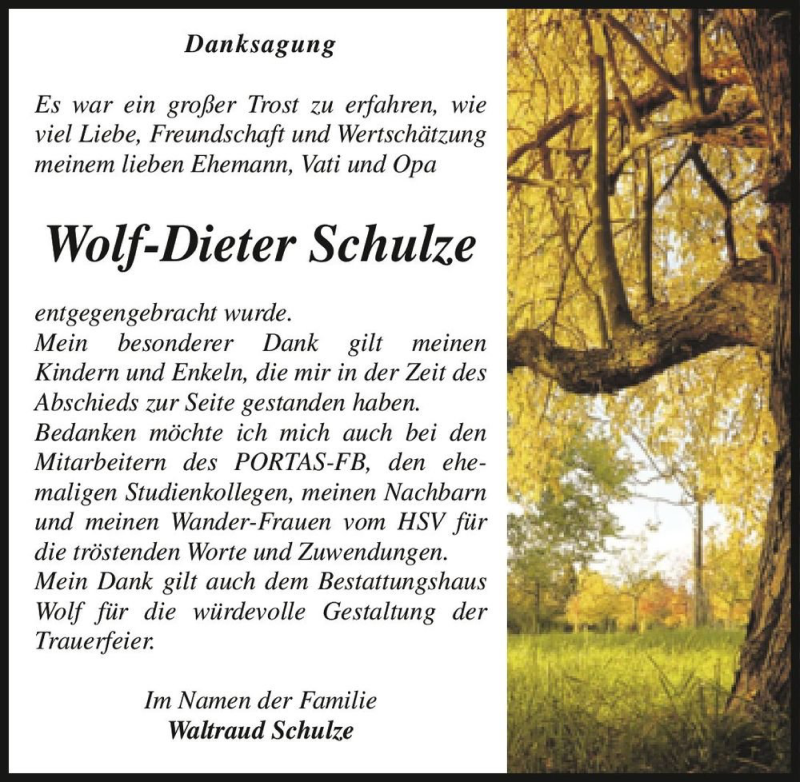  Traueranzeige für Wolf-Dieter Schulze  vom 16.01.2021 aus Magdeburger Volksstimme