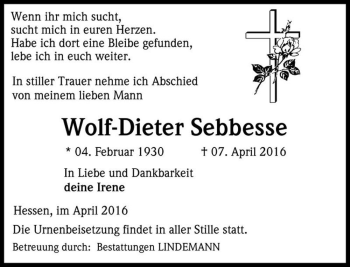 Traueranzeige von Wolf-Dieter Sebbesse  von Magdeburger Volksstimme