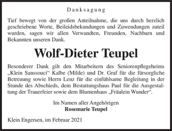 Traueranzeige von Wolf-Dieter Teupel  von Magdeburger Volksstimme