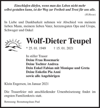 Traueranzeige von Wolf-Dieter Teupel  von Magdeburger Volksstimme