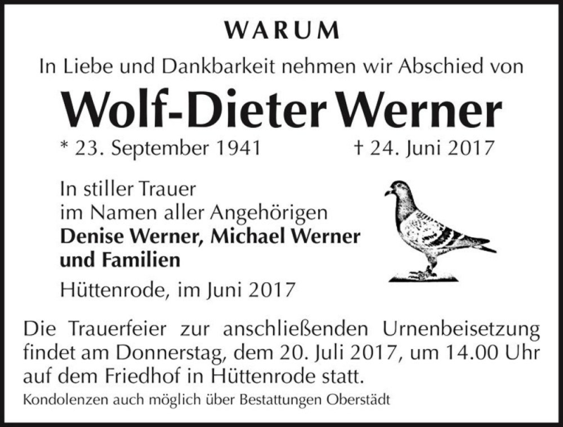  Traueranzeige für Wolf-Dieter Werner  vom 05.07.2017 aus Magdeburger Volksstimme