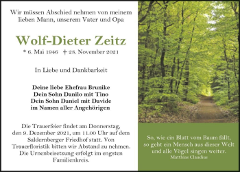 Traueranzeige von Wolf-Dieter Zeitz  von Magdeburger Volksstimme