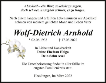Traueranzeige von Wolf-Dietrich Arnhold  von Magdeburger Volksstimme