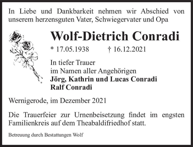  Traueranzeige für Wolf-Dietrich Conradi  vom 31.12.2021 aus Magdeburger Volksstimme