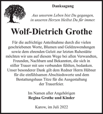 Traueranzeige von Wolf-Dietrich Grothe  von Magdeburger Volksstimme