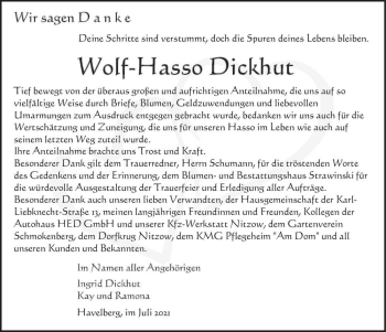 Traueranzeige von Wolf-Hasso Dickhut  von Magdeburger Volksstimme