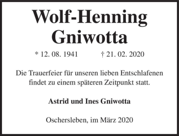 Traueranzeige von Wolf-Henning Gniwotta  von Magdeburger Volksstimme