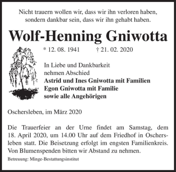 Traueranzeige von Wolf-Henning Gniwotta  von Magdeburger Volksstimme