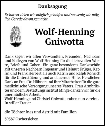 Traueranzeige von Wolf-Henning Gniwotta  von Magdeburger Volksstimme