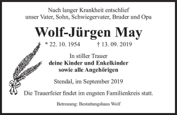Traueranzeige von Wolf-Jürgen May  von Magdeburger Volksstimme