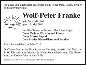 Traueranzeige von Wolf-Peter Franke  von Magdeburger Volksstimme