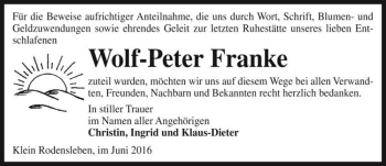 Traueranzeige von Wolf-Peter Franke  von Magdeburger Volksstimme