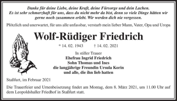Traueranzeige von Wolf-Rüdiger Friedrich  von Magdeburger Volksstimme