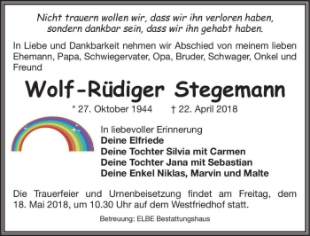 Traueranzeige von Wolf-Rüdiger Stegemann  von Magdeburger Volksstimme