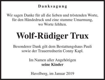 Traueranzeige von Wolf-Rüdiger Trux  von Magdeburger Volksstimme
