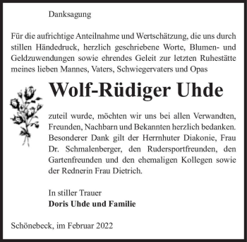 Traueranzeige von Wolf-Rüdiger Uhde  von Magdeburger Volksstimme