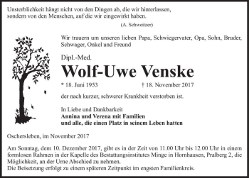 Traueranzeige von Wolf-Uwe Venske  von Magdeburger Volksstimme