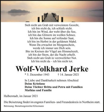 Traueranzeige von Wolf-Volkhard Jerke  von Magdeburger Volksstimme