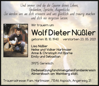 Traueranzeige von Wolf Dieter Nüßler  von Magdeburger Volksstimme
